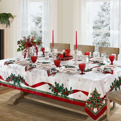 Villeroy & Boch Christmas Holly Damask Fabric Tablecloth, 60" x 144"
