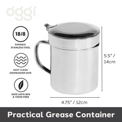 OGGI Stainless Steel Grease Container with Handle, Removable Strainer and Flip Top Lid