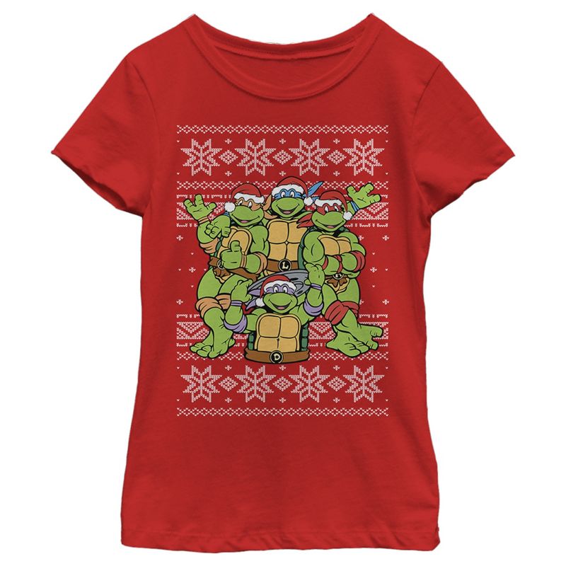Girl's Teenage Mutant Ninja Turtles Ugly Christmas Sweater T-Shirt, 1 of 6
