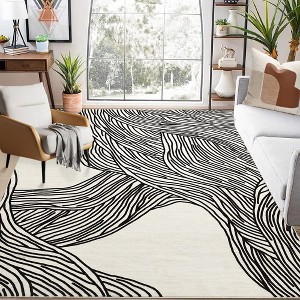 Area Rug Modern Stripes Print Washable Rug, Black Beige - 1 of 4