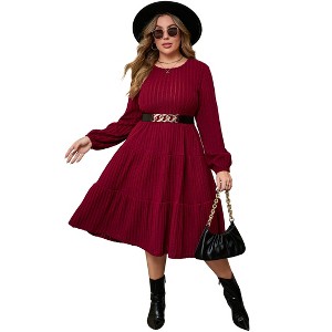Clearlove Plus Size Women's Casual Knit Long Sleeve Swing Dress with Belt - 1 of 4