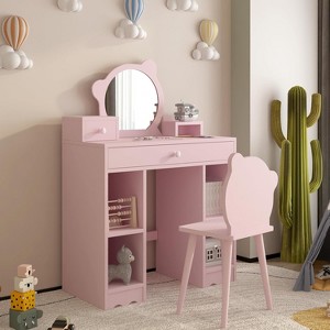 Kids Pink Vanity Set with Bear Chair, Mirror & Drawers - Princess Dressing Table for Girls - 1 of 4