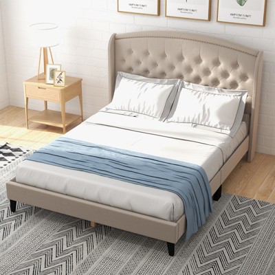 Bed Frame with Headboard – Upholstered Velvet Platform Bed, Rivet Button Tufted, Heavy Duty, No Box Spring