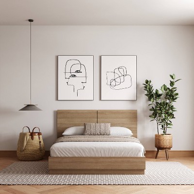 Queen Oak Wood Frame Upholstered Platform Bed with Headboard