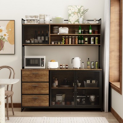 Hitow Kitchen Cabinet Wooden Buffet Sideboard Metal Door 3 Drawer Rack Worktop