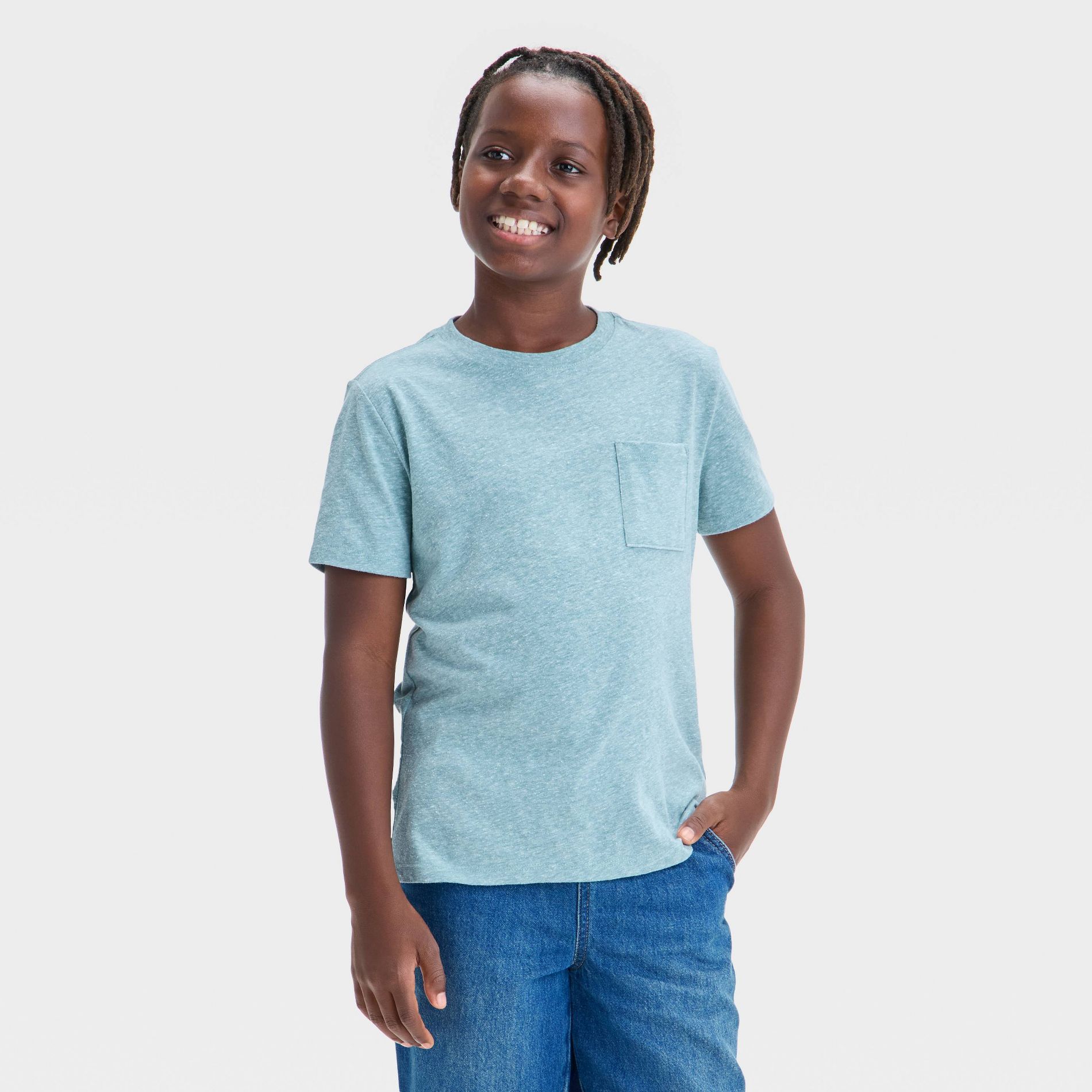Boys' Short Sleeve Pocket T-Shirt - Cat & Jack™ Teal Green M: Casual Midweight Jersey Pullover