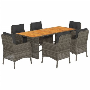 vidaXL 7 Piece Patio Dining Set with Cushions - Outdoor Poly Rattan & Acacia Wood Table with 6 Seats - Gray & Brown - 1 of 4