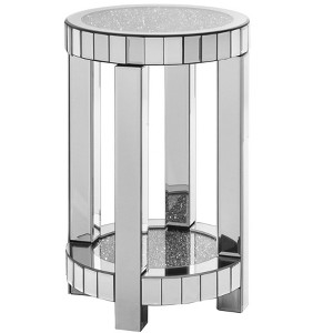 Gulches Silver Round MDF Indoor Accent End Table 2-Tier with Mirrored Top Crystal Inlay 13x13x24 Inch - 1 of 4