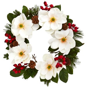 Nearly Natural 26-in Magnolia, Pine and Berries Wreath - 1 of 3