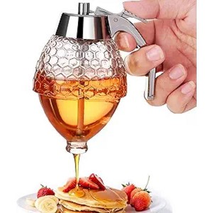 Akoasm Honeycomb-Shaped Anti-Drip Glass Honey Dispenser with Stand-Silver - 1 of 4