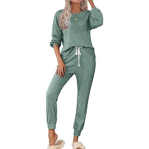 Ekouaer Womens Pajamas Set Ribbed Knit Long Sleeve Pullover Top Jogger Pants Set 2 Piece Lounge Set Sleepwear Tracksuit - 1 of 4