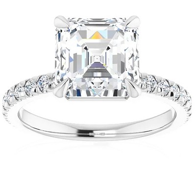 Pompeii3 5 1/3Ct Asscher Cut & Diamond Engagement Ring in White, Yellow, or Rose Gold