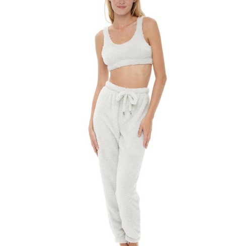 Adr Women's Crop Top And Joggers, Plush Pajamas Set With Drawstring Light  Gray Small : Target
