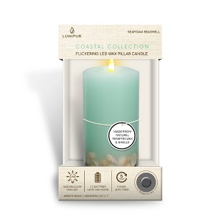 LumiPur Signature Coastal Collection Flameless LED Wax Pillar Candle with Seashell Embed Seafoam - 1 of 4