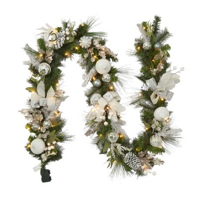GAOMON Christmas Garland with Lights, 9 ft Pre-lit Christmas Garland with Ball Ornaments Pine Cones Battery