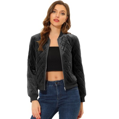 INSPIRE CHIC Women's Zip Up Long Sleeve Velvet Surface Diamond Quilted Bomber Jackets