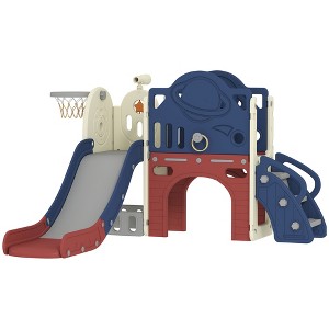 Qaba 8 in 1 Toddler Slide Set with Basketball Hoop,Telescope, Kids Playground for Toddlers Age 1-6 Indoor Outdoor, Blue - 1 of 4