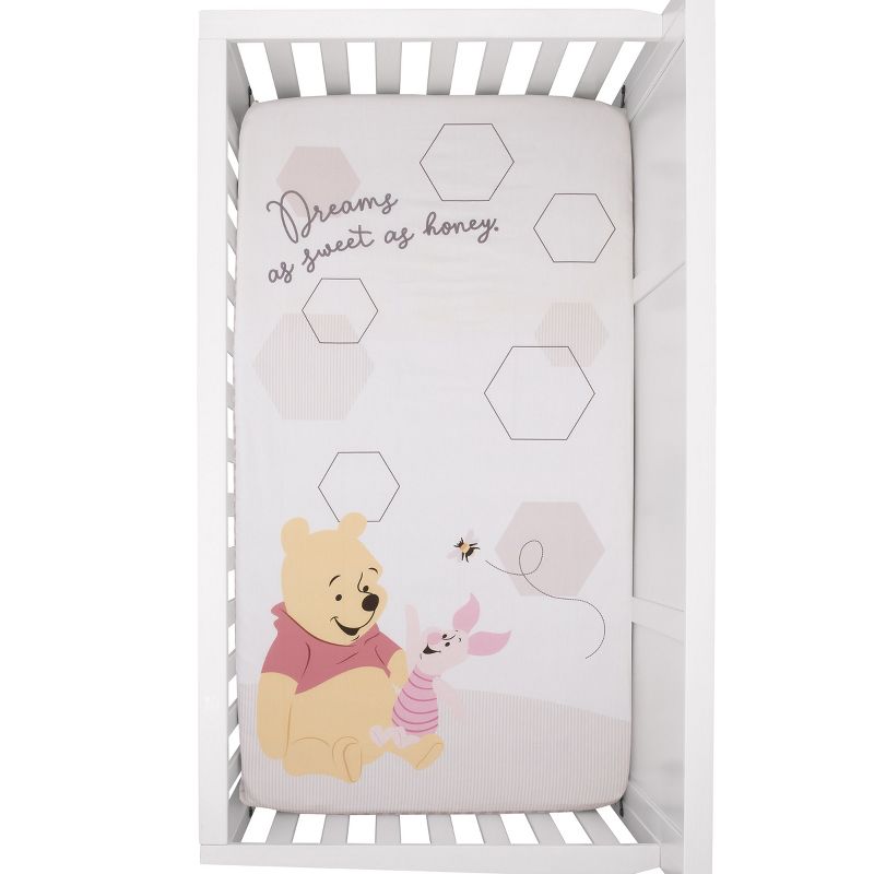 Disney Winnie the Pooh Hugs and Honeycombs Grey and White "Dreams as Sweet as Honey" with Hexagons and Piglet 100% Cotton Photo Op Fitted Crib Sheet, 4 of 7