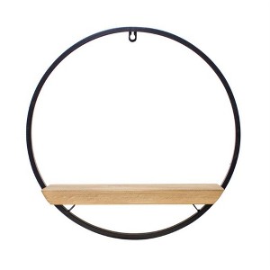 Wood Circle Shelf in Metal Frame – 17.5"H – Brown and Black Wall Decor for Indoor Display By Melrose - 1 of 3