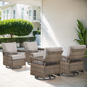 POCASSY High Back Outdoor Swivel Rocker Set of 4, Brown Wicker Furniture Swivel Chair with 5-Inch Wide Armrest and Thick Cushion for Porch - 1 of 4