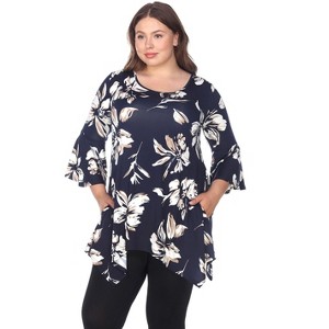 Women's Plus Size Floral Printed Blanche Tunic Top with Pockets - White Mark - 1 of 3