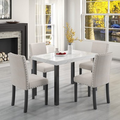 5 Piece Dining Table Set, Kitchen Set With 4 Upholstered Chair, Artificial Marble Table Top, Rubber Wooden Legs, Dining Table Set, Black+White