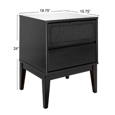 Black Wood Nightstand with Woven Cane Detail and 2 Drawers