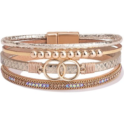 Boho Wrap Bracelet with Infinity Design, Leather Cuff Bangle with Magnetic Clasp, Stackable Jewelry Gift for Mom