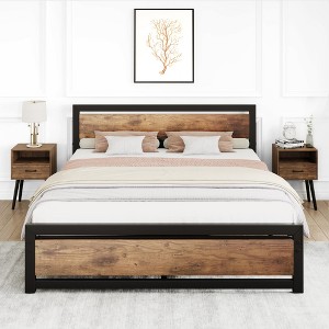 Bed Frame with Wooden Headboard, 14 Inch Heavy Duty Industrial Metal Platform Bed Frame with Under Bed Storage - 1 of 4