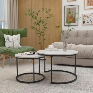 Okak 27.56" Round Coffee Table Set of 2, Nesting End Table Set with Wooden Tabletop and Sturdy Metal Base for Living Room/Office, Space-Saving - 1 of 4
