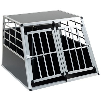 Munora 38" Double Door Pet Travel Crate - Aluminum & MDF Trapezoidal Kennel for Car Transport, Black