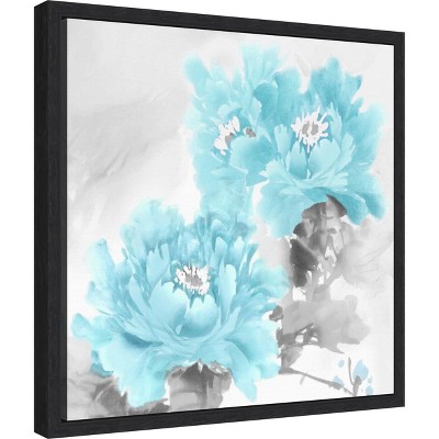 Aqua and Grey Floral Canvas Print with Black Frame