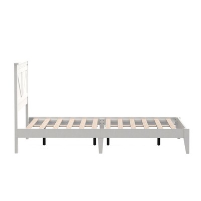 Gloss White Queen Size Solid Oak Wood Platform Bed with Headboard