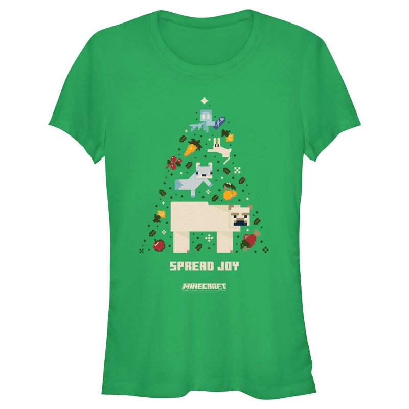 Juniors Womens Minecraft Spread Joy Christmas Tree T-Shirt, 1 of 5