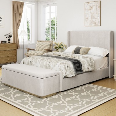 NicBex Morandi Pink/Gray Upholstered Platform Bed Frame Queen/King with Vertical Stripe Corduroy Wingback Headboard,No Box Spring Needed,Easy Assembly