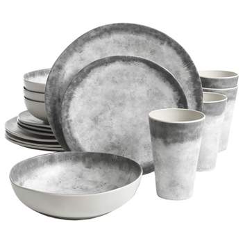 Gibson Home Gray Granite Round Melamine Everyday 16 Piece Reactive Glaze Dinnerware Set Plates, Bowls, and Cups, Grey Stone