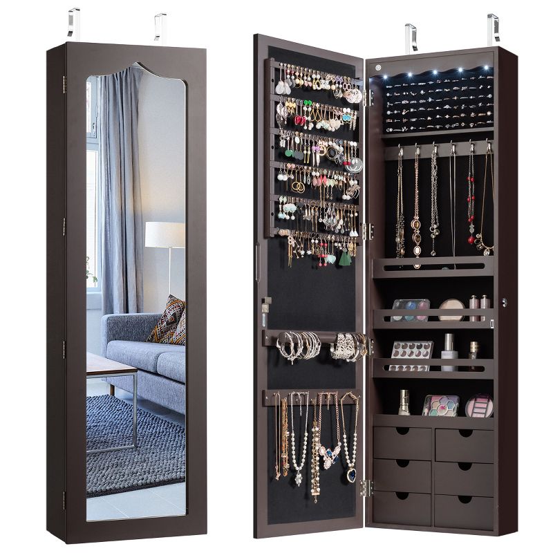Tangkula Wall/Door Mounted Jewelry Armoire w/Mirror & LED Lights Brown/White, 2 of 10