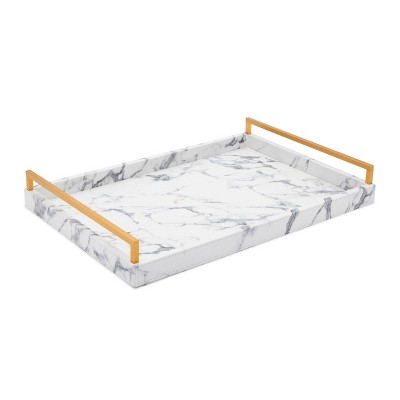 Juvale Decorative Faux Leather White Marble Serving Tray with Handles for Coffee Table Decor