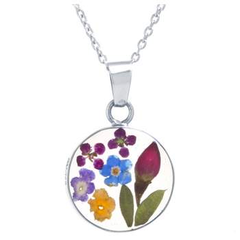 Women's Sterling Silver Pressed Flowers Circle Chain Pendant Necklace (18")