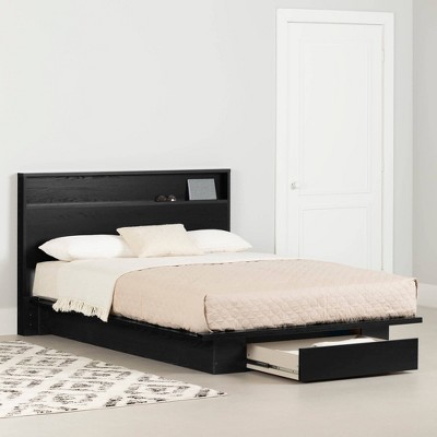 Black Oak Queen Platform Bed with Upholstered Headboard and Drawer
