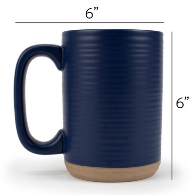 Navy Blue Ceramic Ribbed Coffee Mugs with Raw Clay Bottom, Set of 4