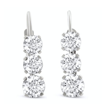 Pompeii3 1 1/2Ct 3-Stone Diamond Leverback Hoops Women's Earrings 14k Gold 1/2" Tall Lab