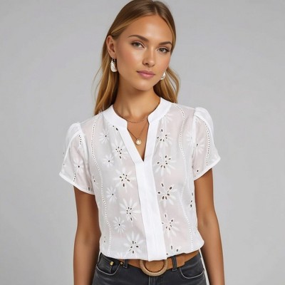 Knit & Lounge Women’s Eyelet Embroidered Blouse Puff Sleeve Split Neckline Lightweight Cotton Short Sleeve Top