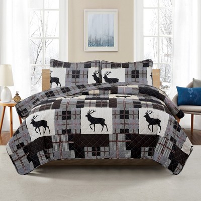 Twin Gray Microfiber Reversible Lodge Quilt Set