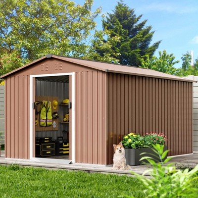 TROPOW 8x15 FT Outdoor Storage Shed, Metal Garden Shed with Lockable Door, and Sloped Roof, Utility Metal Tool Storage Sheds for Backyard, Brown