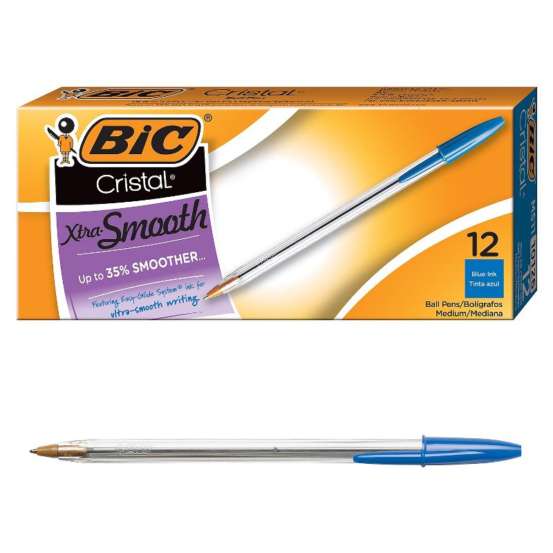 Bic Cristal Xtra Smooth Ballpoint Stick Pen Blue Ink 1mm Medium Dozen MS11BE, 1 of 10