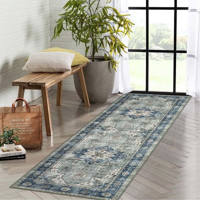 Vintage Washable Area Rug Non Slip Low Pile Rug Floral Print Distressed Carpet