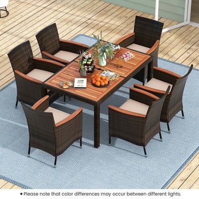 Costway 7 Pieces Outdoor Wicker Dining Set with Acacia Wood Table and 6 Stackable Chairs