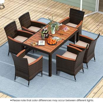 Costway 7 Pieces Outdoor Wicker Dining Set with Acacia Wood Table and 6 Stackable Chairs