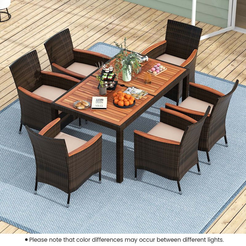 Costway 7 Pieces Outdoor Wicker Dining Set with Acacia Wood Table and 6 Stackable Chairs, 1 of 11